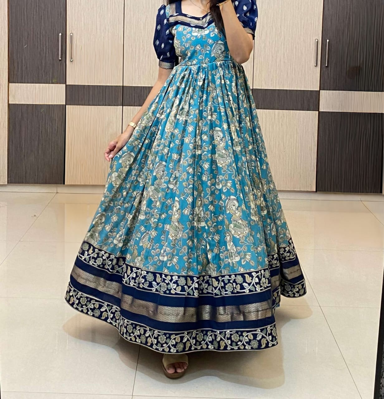 Ocean Blue Kalamkari Anarkali Gown